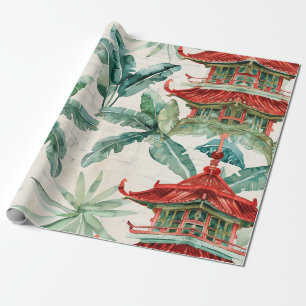 Timeless Pagoda Woodland Coral Botanical Wrapping Paper