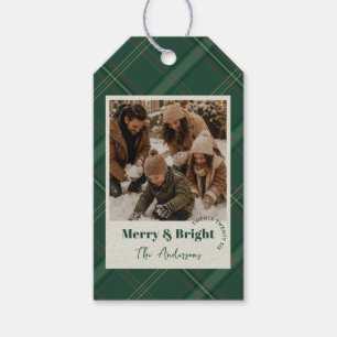 Timeless Pine Green Plaid Photo Merry & Bright Gift Tags