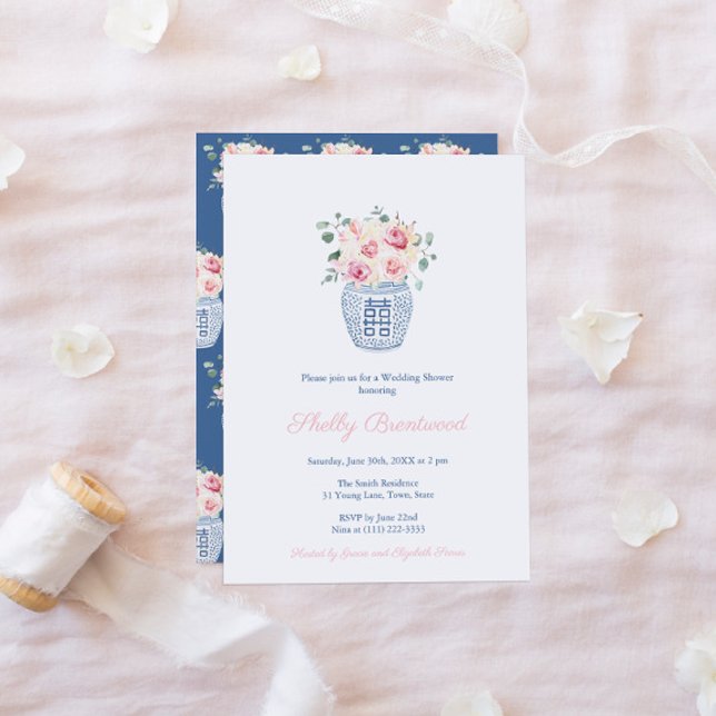 Timeless Pink and Chinoiserie Blue Wedding Shower Invitation (Creator Uploaded)