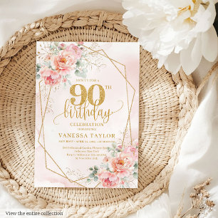 Timeless Powder Pink Gold Floral 90th Birthday Invitation