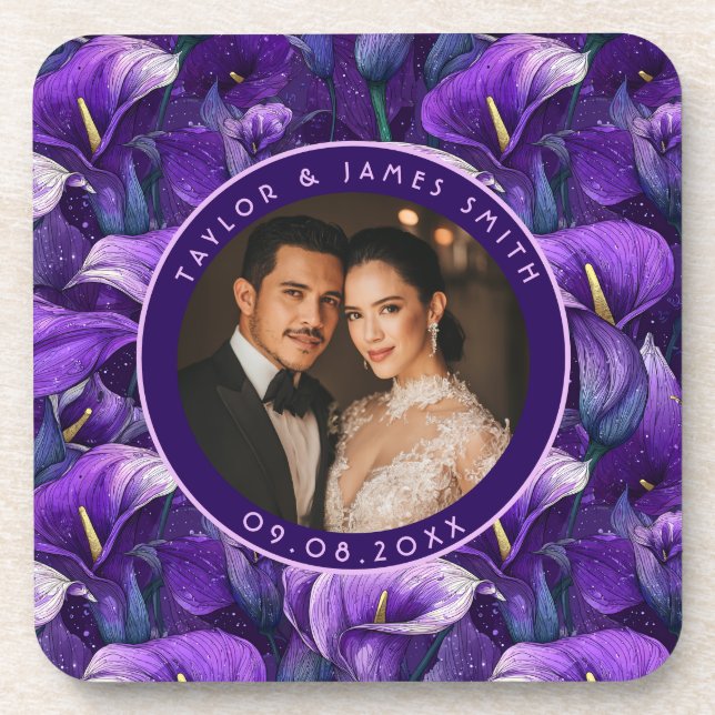 Timeless Purple Calla Lilies Garden Boho Wedding Coaster (Front)