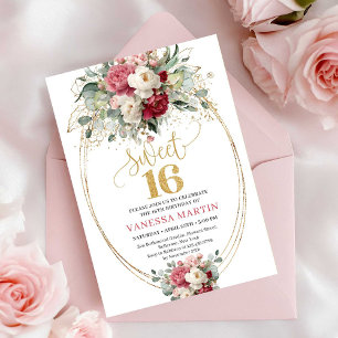 Timeless Red Burgundy Gold Floral Sweet 16 Invite