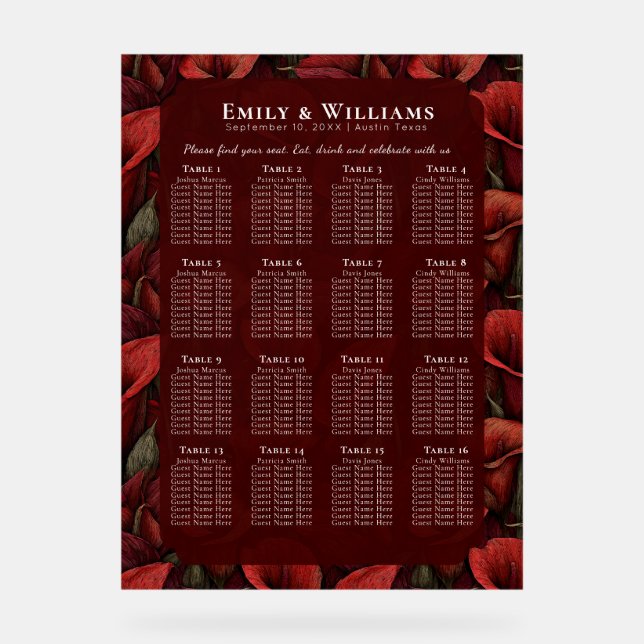 Timeless Red Calla Lilies Accent Boho Wedding Acrylic Sign (Front)