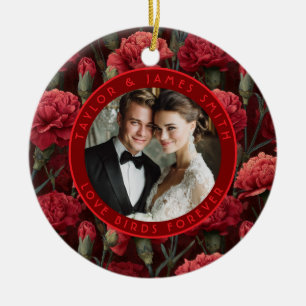 Timeless Red Carnation Sparkle Floral Wedding Ceramic Ornament