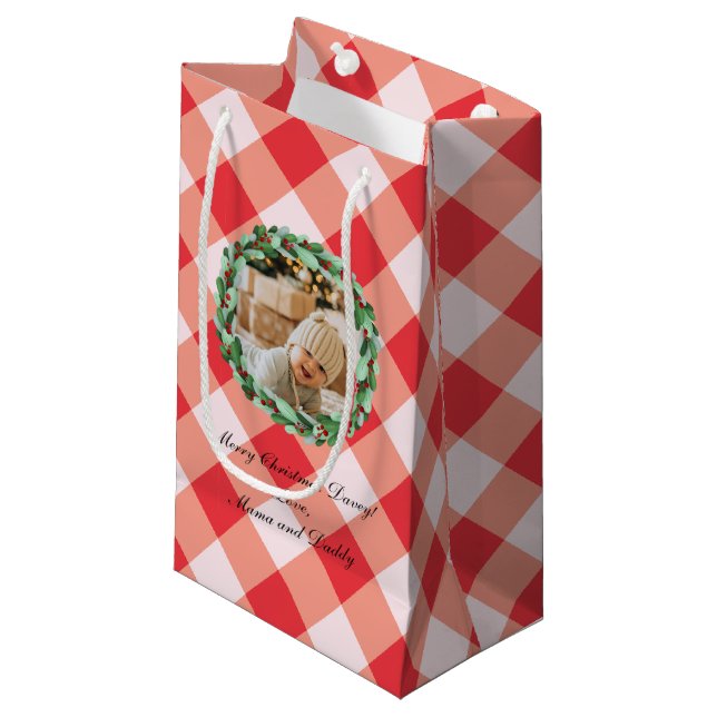 Timeless Red Gingham Farmhouse Custom Photo Small Gift Bag (Front Angled)