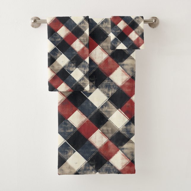 Timeless Retro Navy and Red Plaid Pattern  Bath Towel Set (Insitu)