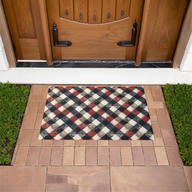 Timeless Retro Navy and Red Plaid Pattern  Doormat (Outdoor)