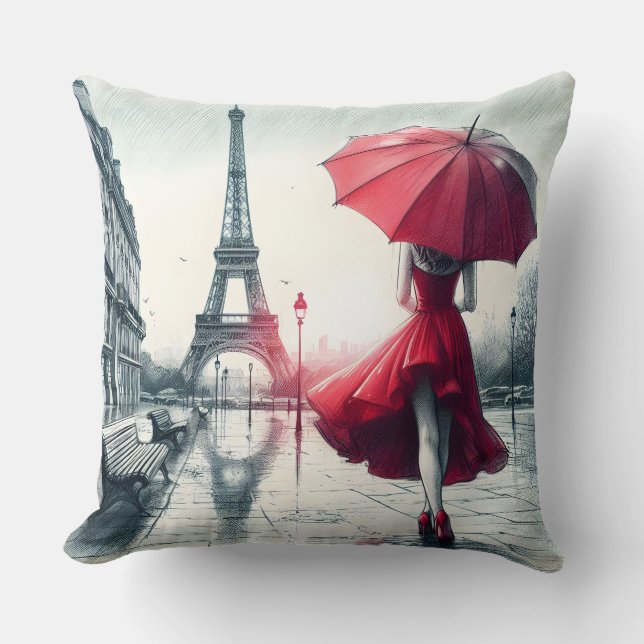 Timeless Romance in Parisian Rain Cushion (Front)