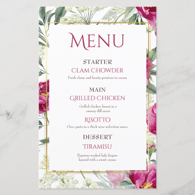 Timeless Romance Pink watercolor Wedding menus (Front)
