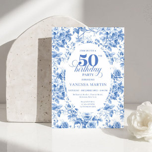Timeless Royal Blue Toile de Jouy 50th Birthday  Invitation