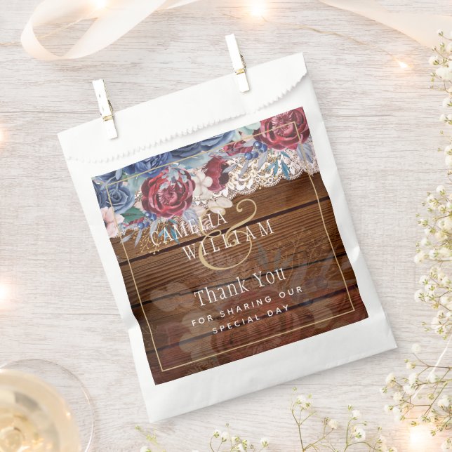 Timeless Rustic Blue Burgundy Floral Lace Wedding Favour Bag (Clipped)