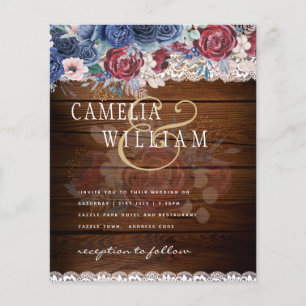 Timeless Rustic Blue Burgundy Floral Lace Wedding Flyer