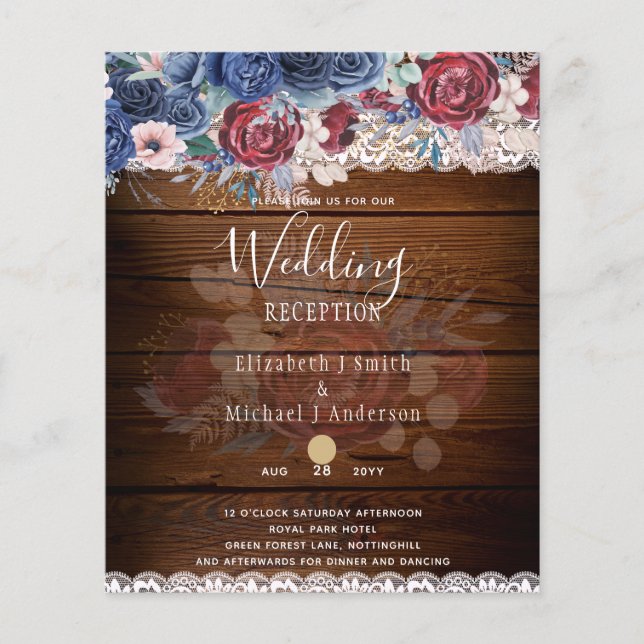Timeless Rustic Blue Burgundy Floral Lace Wedding Flyer (Front)