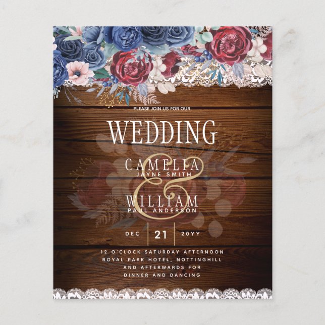 Timeless Rustic Blue Burgundy Floral Lace Wedding Flyer (Front)