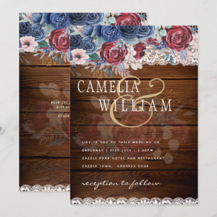 Timeless Rustic Blue Burgundy Floral Lace Wedding Invitation