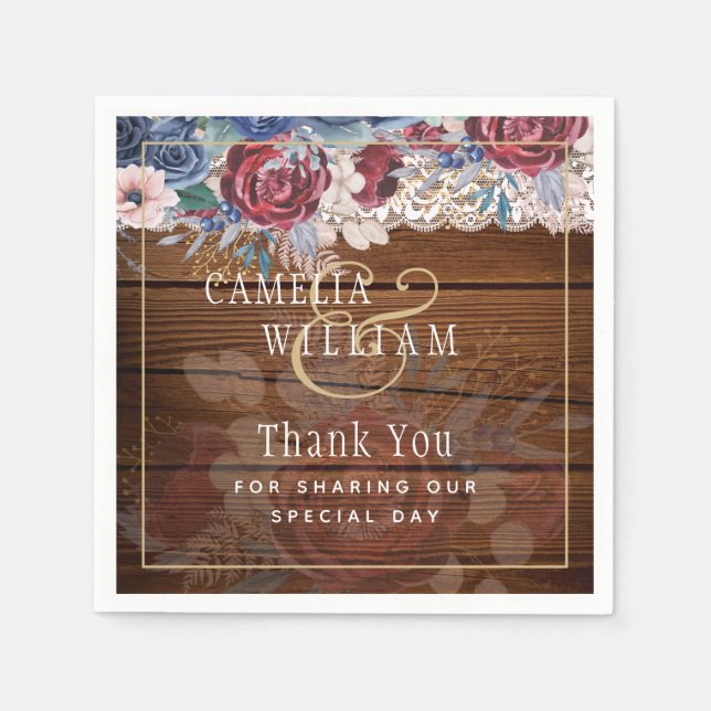 Timeless Rustic Blue Burgundy Floral Lace Wedding Napkin (Front)