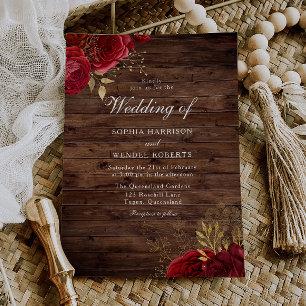 Timeless Rustic Red Roses & Gold Leaf Wedding  Invitation