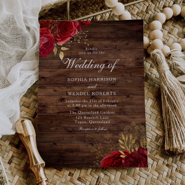 Timeless Rustic Red Roses & Gold Leaf Wedding  Invitation (Creator Uploaded)
