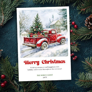 Timeless Rustic Red Truck Christmas Scene Greeting Holiday Card
