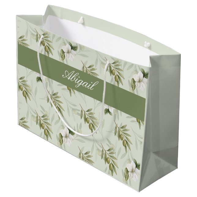 Timeless Sage Olive Wataercolor Chic Name Large Gift Bag (Back Angled)