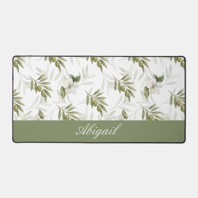 Timeless Sage Olive Watercolor Name  Desk Mat (Front)
