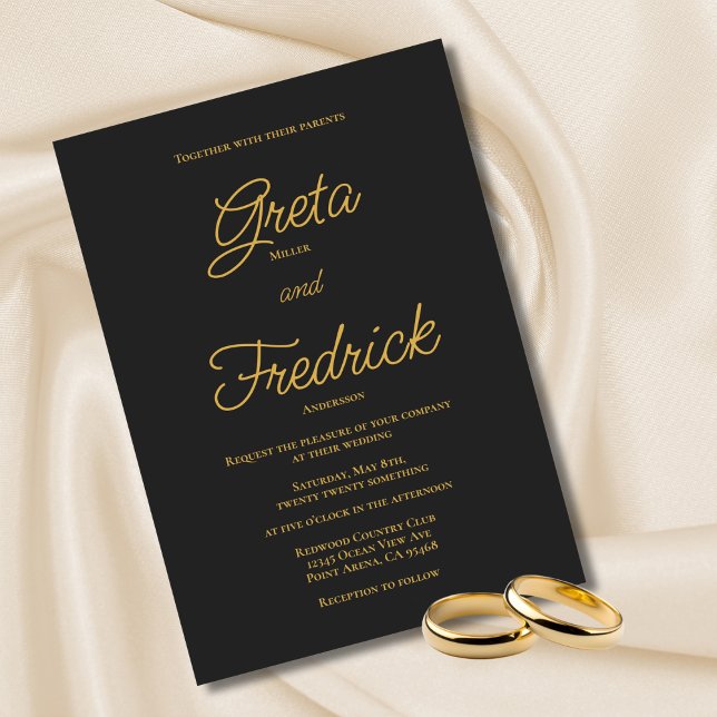 Timeless Simple Charcoal Black Gold Script Wedding Invitation (Creator Uploaded)
