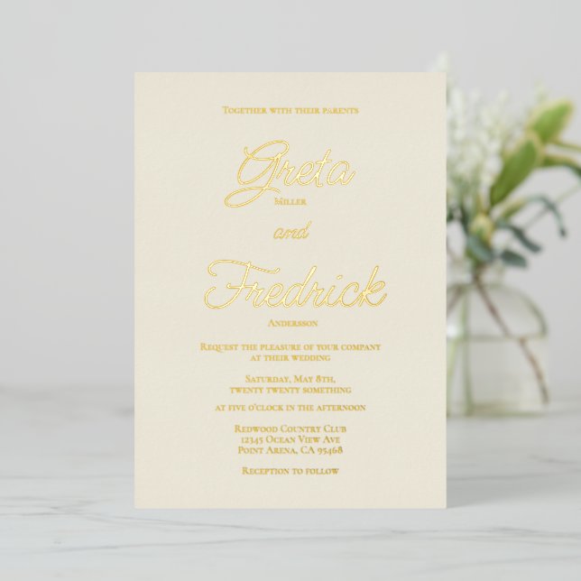 Timeless Simple Elegance Gold Script Ecru Wedding (Standing Front)