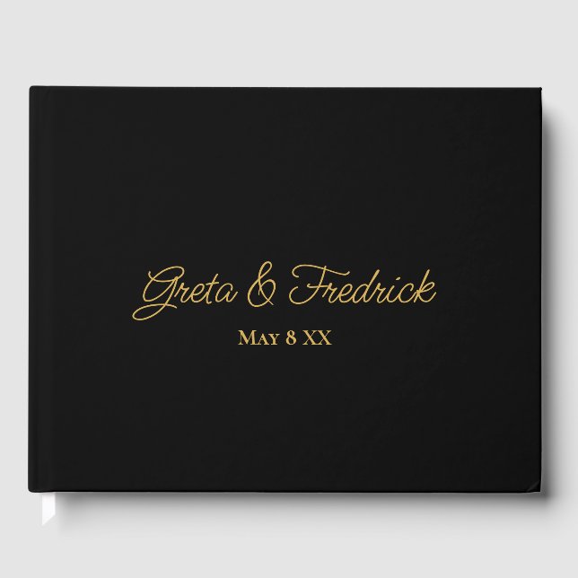 Timeless Simple Minimalist Personalised Black Gold Guest Book (Front)
