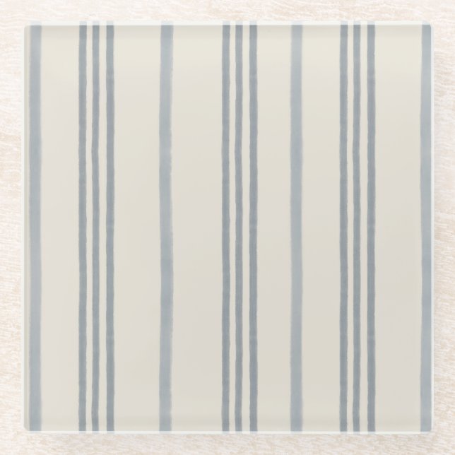 Timeless Slate Blue Painterly Stripe Pattern Glass Coaster (Front)