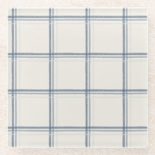 Timeless Slate Blue Windowpane Plaid Pattern Glass Coaster