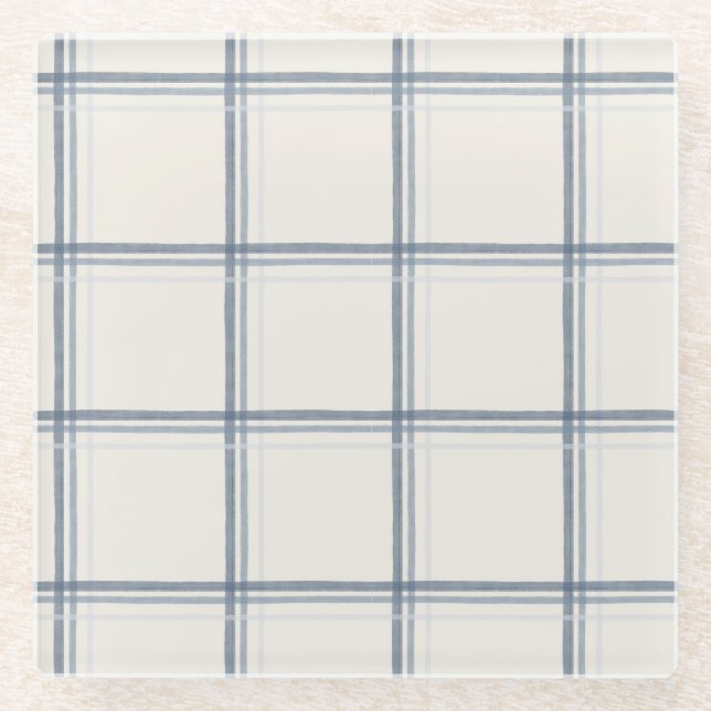 Timeless Slate Blue Windowpane Plaid Pattern Glass Coaster (Front)