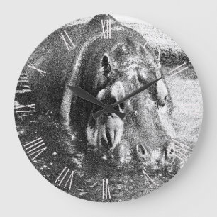 **"Timeless Strength: Grainy Black and White Hippo Large Clock