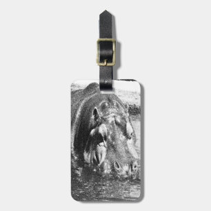 **"Timeless Strength: Grainy Black and White Hippo Luggage Tag