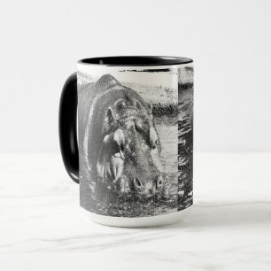 **"Timeless Strength: Grainy Black and White Hippo Mug