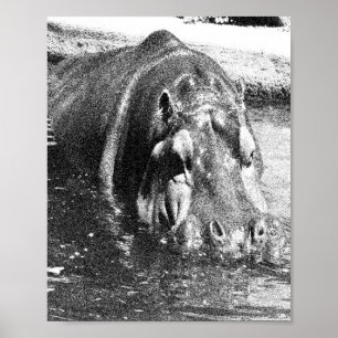 **"Timeless Strength: Grainy Black and White Hippo Poster