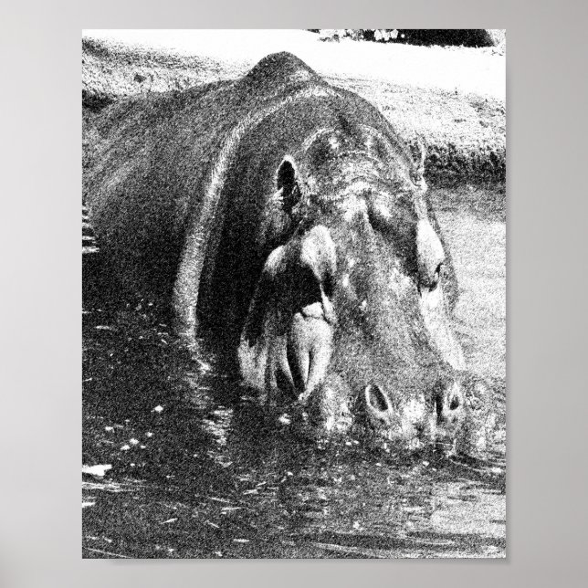 **"Timeless Strength: Grainy Black and White Hippo Poster (Front)