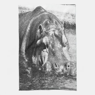 **"Timeless Strength: Grainy Black and White Hippo Tea Towel