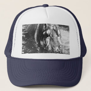 **"Timeless Strength: Grainy Black and White Hippo Trucker Hat