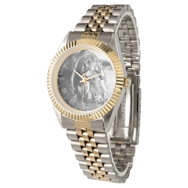 **"Timeless Strength: Grainy Black and White Hippo Watch (Angled)