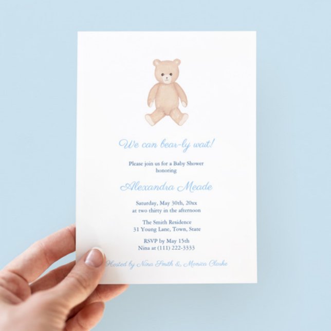 Timeless Teddy Bear Baby Shower For Boy Party Invitation (Classic Watercolor Teddy Bear Baby Shower For Boy Invitation with pale blue accents )