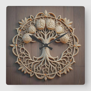 Timeless Trees: A Wood Carved Square Wall Clock