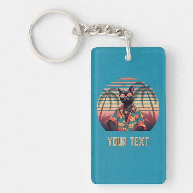 Timeless Tropical Cat Attitude Rectangle Key Ring (Front)
