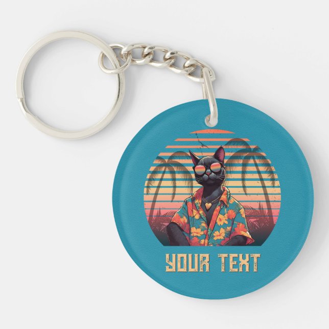 Timeless Tropical Cat Attitude Round Key Ring (Front)