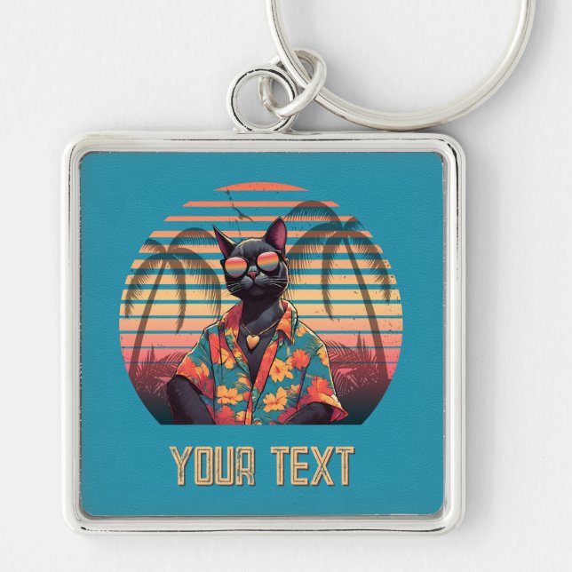Timeless Tropical Cat Attitude Square Key Ring (Front)