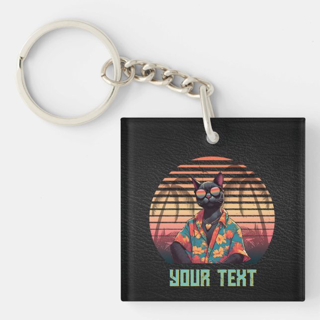 Timeless Tropical Cat Attitude Square  Key Ring (Front)