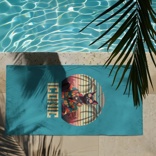 Timeless Tropical Cat  Beach Towel (A Timeless Tropical Cat beach towel is placed by the pool.)