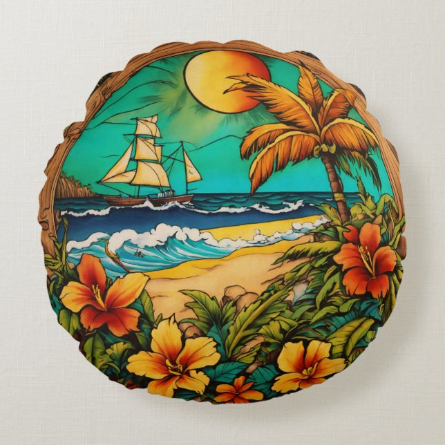Timeless Tropical Ink - Monterey Beach Tattoo Art Round Cushion (Front)