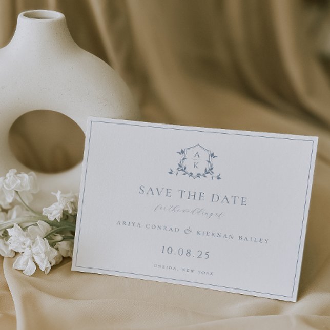 Timeless Vines Dusty Blue Crest Monogram Wedding Save The Date (Creator Uploaded)