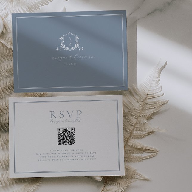 Timeless Vines Dusty Blue Crest QR Code RSVP Card (Creator Uploaded)