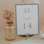 Timeless Vines Dusty Blue Crest Table Number<br><div class="desc">Elegant Botanical Crest wedding monogram,  table number card. Vintage inspired crest adorned with botanical branches. Features,  elegant dusty blue typography design style mix of script and bold type. Please note that table number cards must be ordered individually.</div>